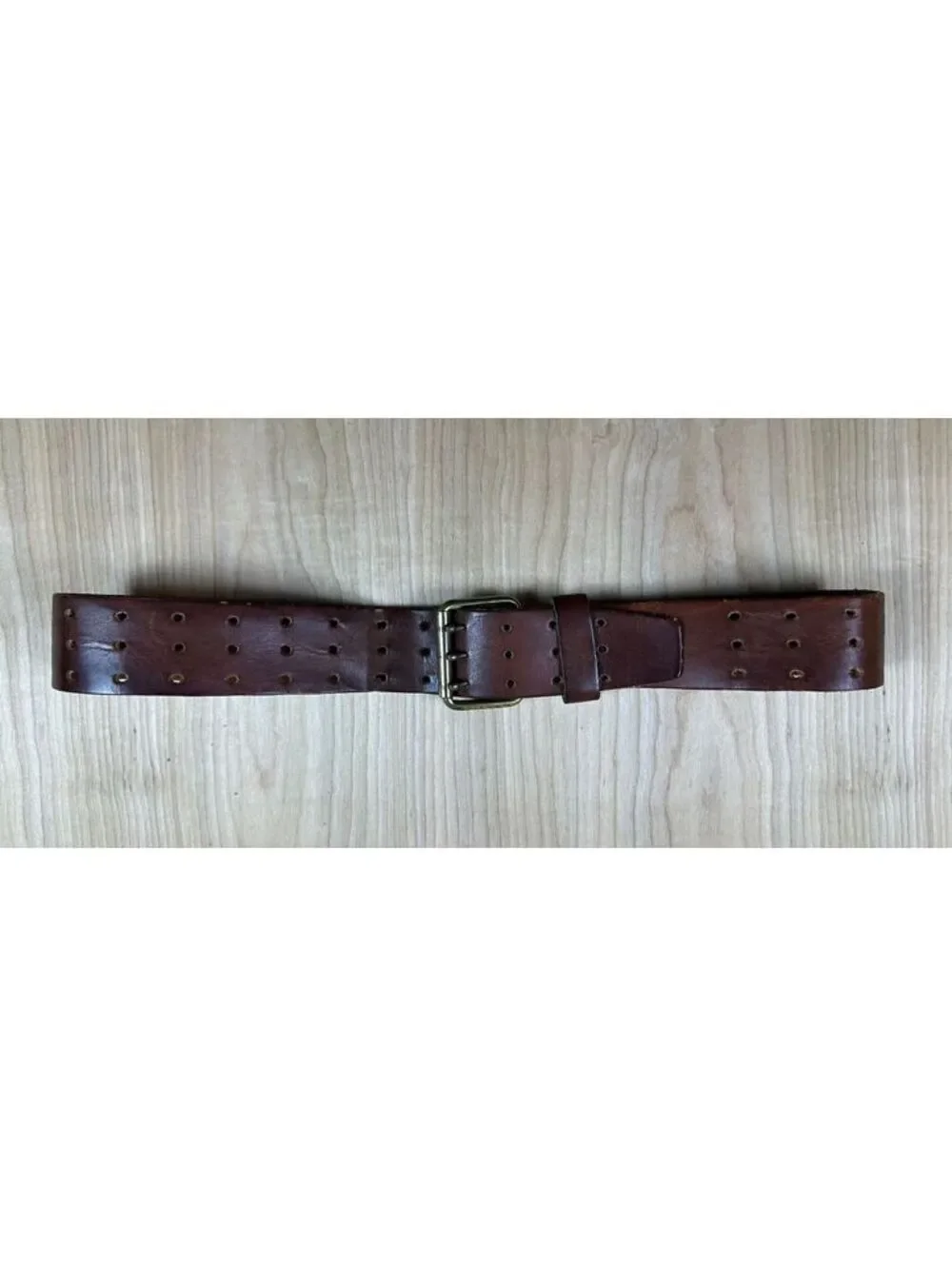 Vintage 80s Triple Prong Leather Belt heavy duty utility 1-7/8